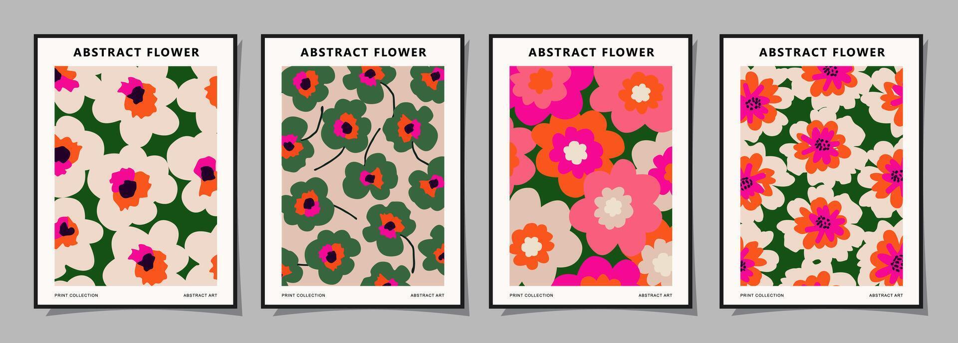 Set of abstract groovy floral posters. Trendy botanical wall art with flower design print in vibrant colors. Modern naive for interior decor, cover, card, template, banner, wallpaper and background. vector