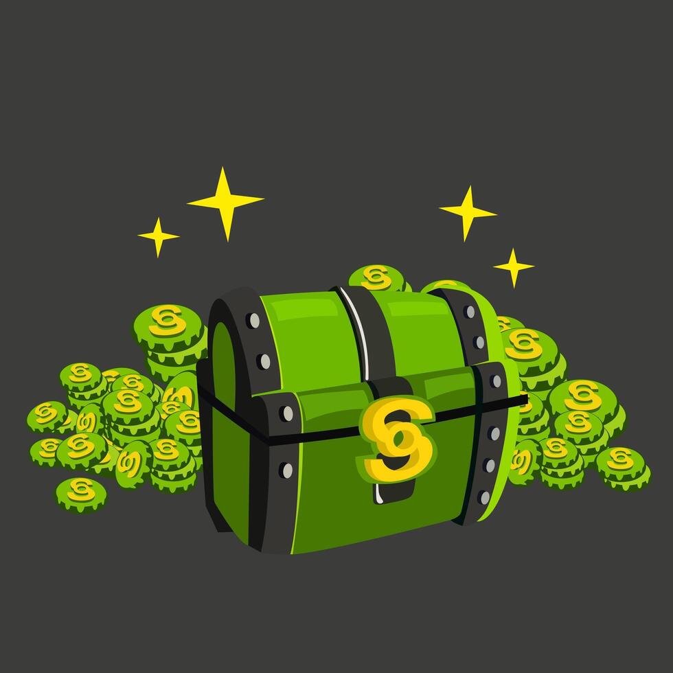 cartoon green chest with coins and yellow stars. Money flat green icon. icon for business. Money and payment icons. vector