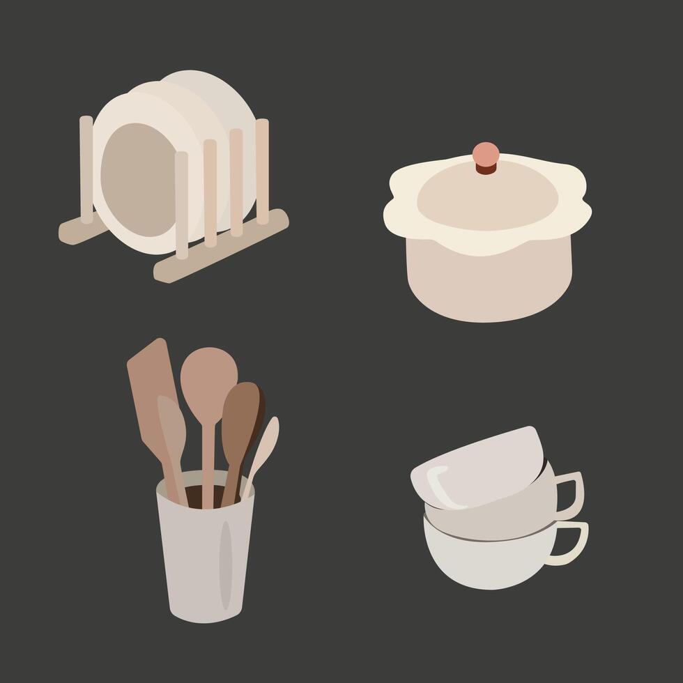A set of kitchen utensils, cups for coffee and tea, a colander for cooking, a set of plates and a set of wooden spoons and spatulas vector