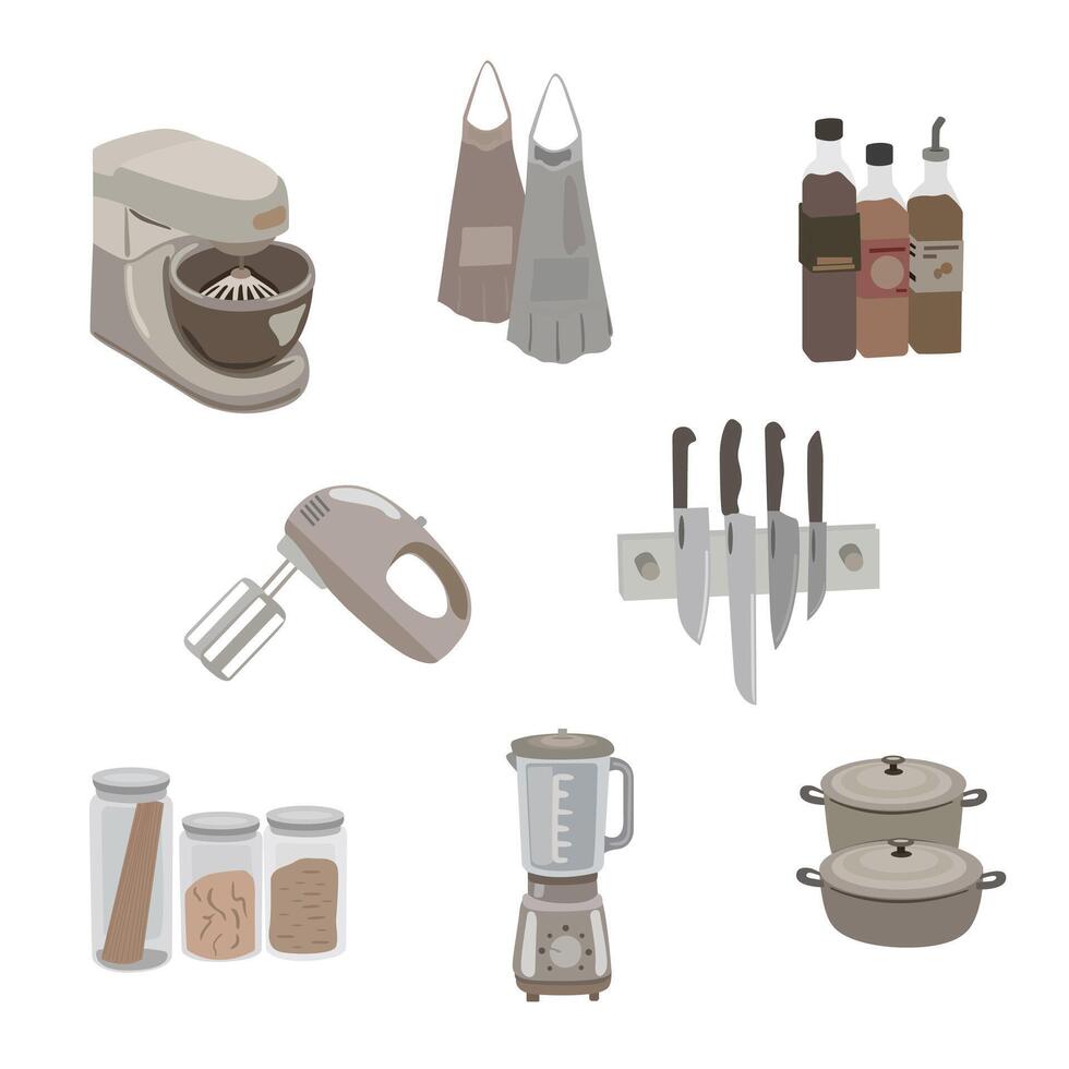 kitchen icons illustration. Kitchen equipment. Kitchen apron, knife set, blender, sauce pans, plates, cutting board, frying pan, saucepan and coffee cup, food containers. Flat illustration vector