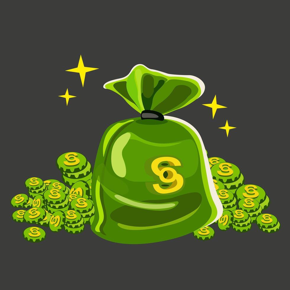 cartoon green money bag with coins. Money flat green icon. icon for business. Money and payment icons. vector