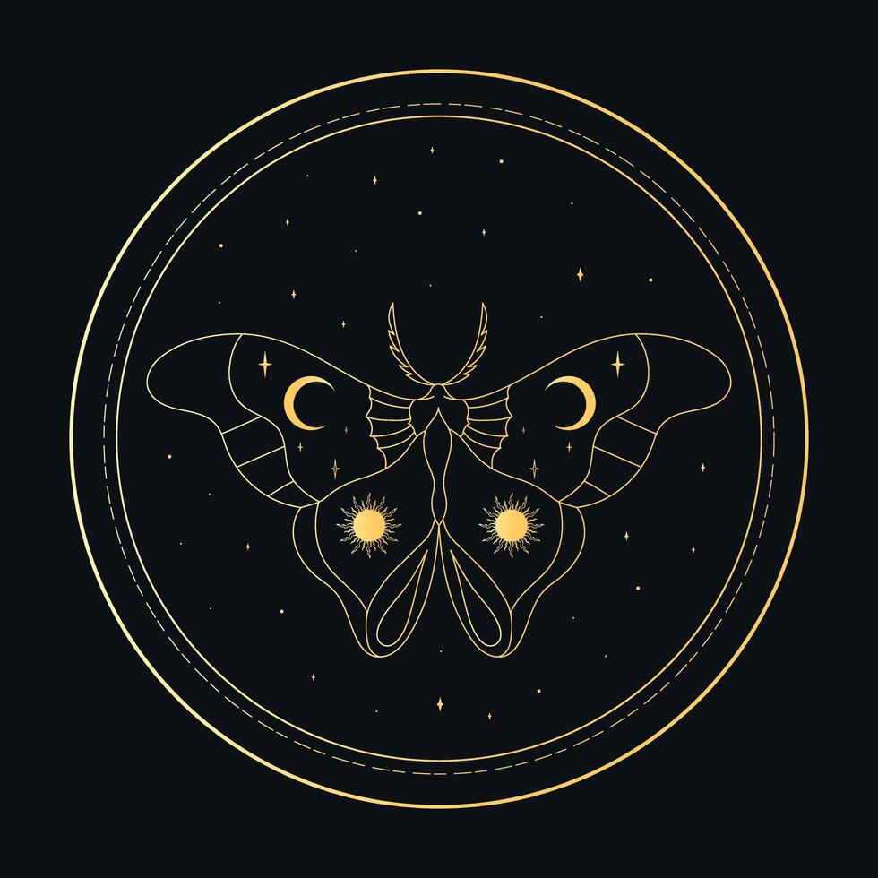 Celestial emblem with a golden butterfly in a circle. illustration vector
