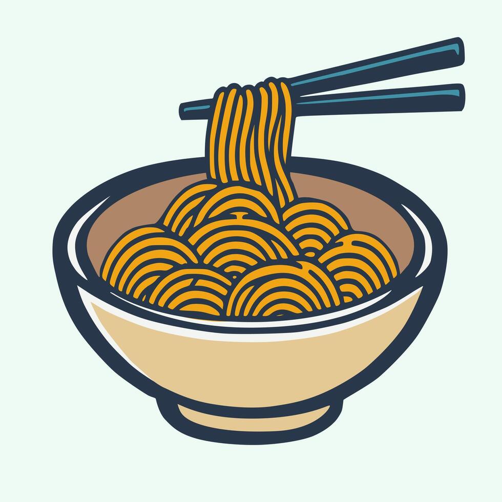 Noodles in a white bowl with chopsticks on top vector