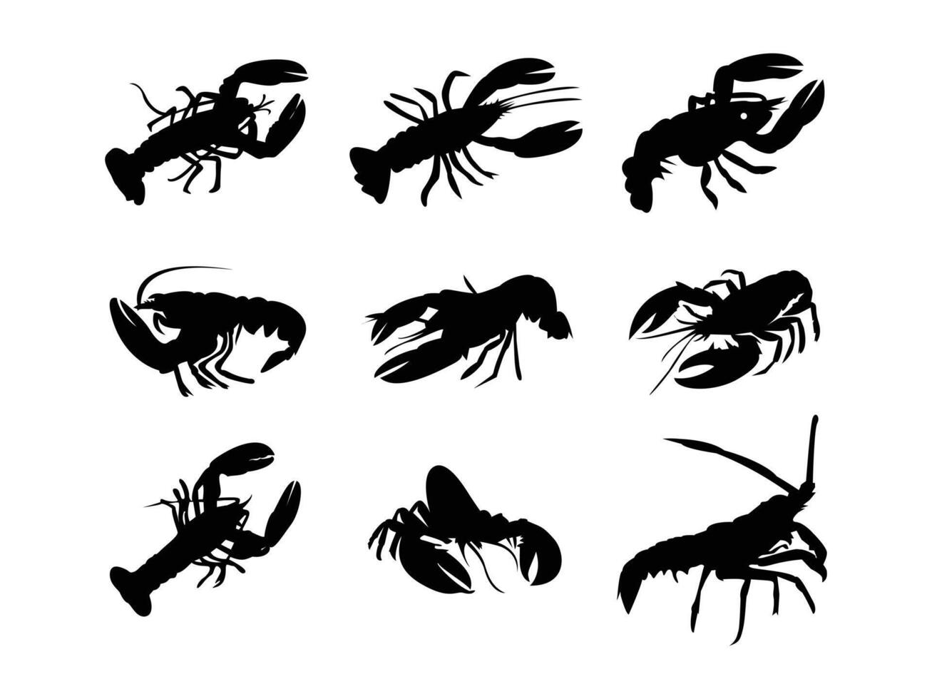 Set of Lobster Silhouette illustration. Seafood Lobster black silhouette isolated on a white background. vector