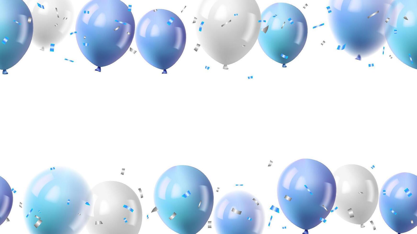 Celebration party banner with blue, white color balloons and blue, silver confetti background vector