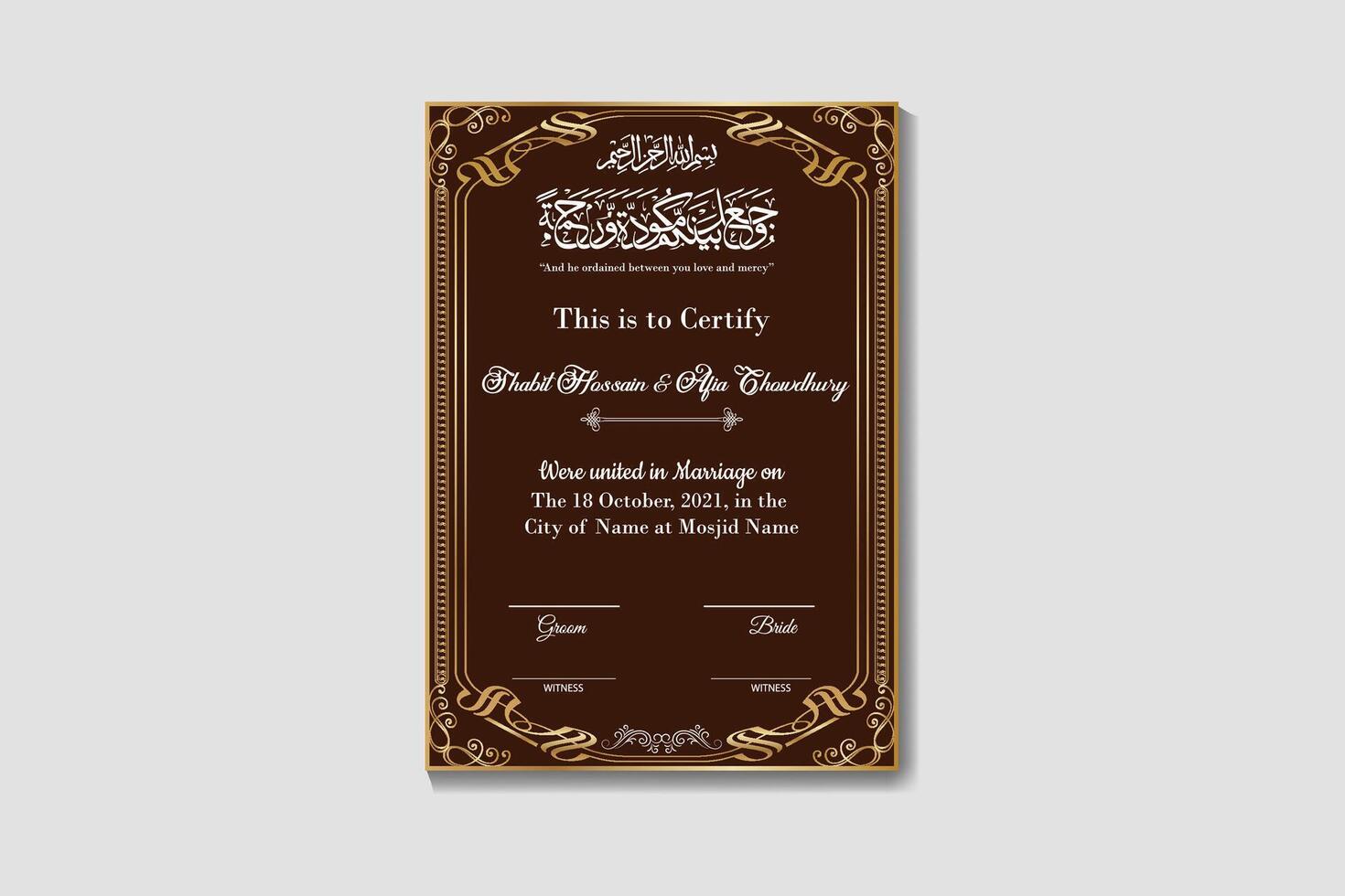 Islamic Marriage Certificate Design Template Or Muslim Marriage Certificate vector