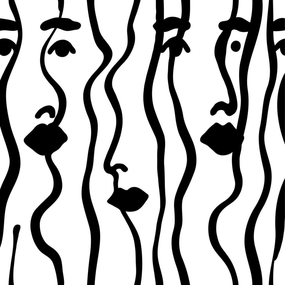Multiple faces in fluid lines - abstract monochrome artwork vector