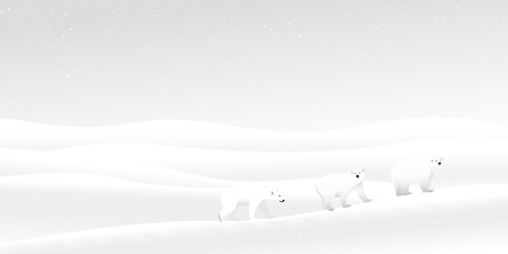 Polar bears family walking on ice have snowfall at North Pole graphic illustration. Snow landscape monochromatic concept with blank space. vector