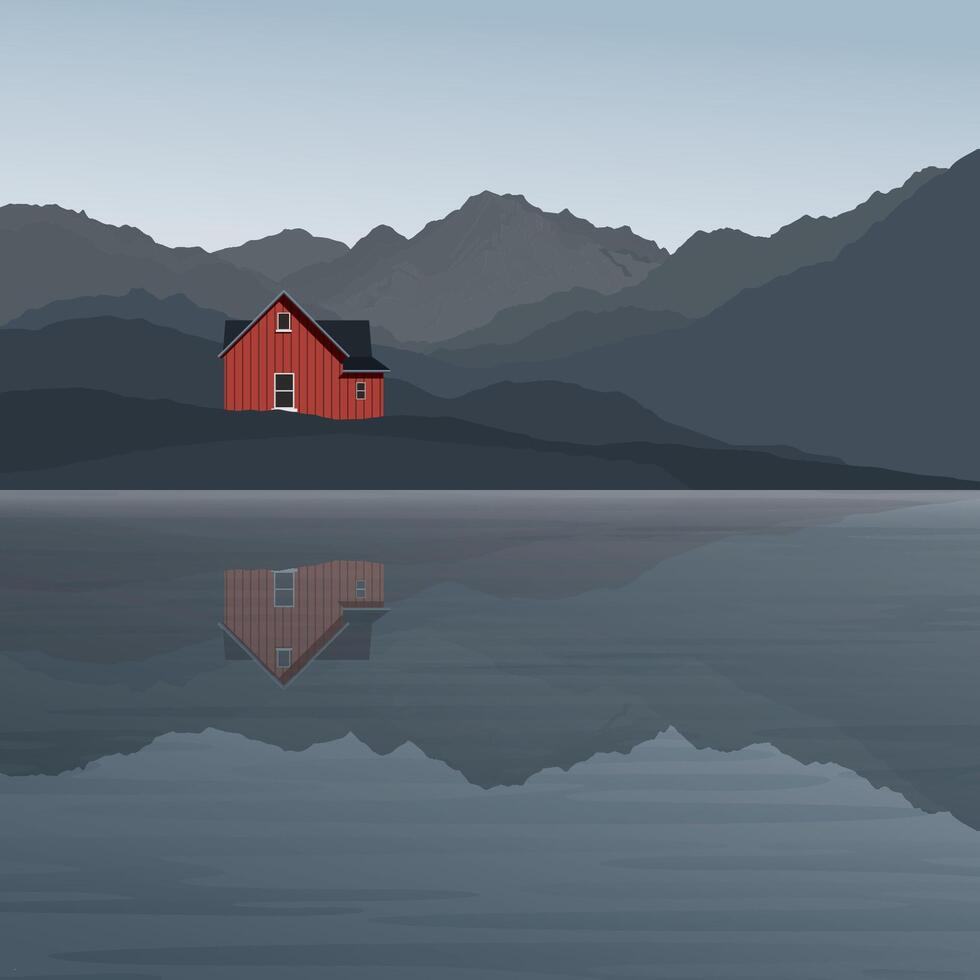 Minimalist seaside landscape with country house and mountain ranges graphic illustrated have blank space. vector