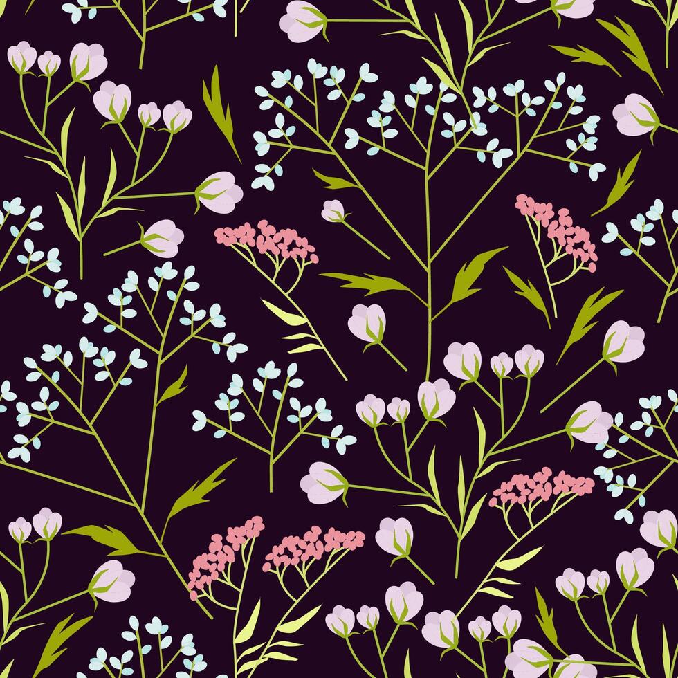 Seamless pattern of wild small wildflowers on a dark background vector