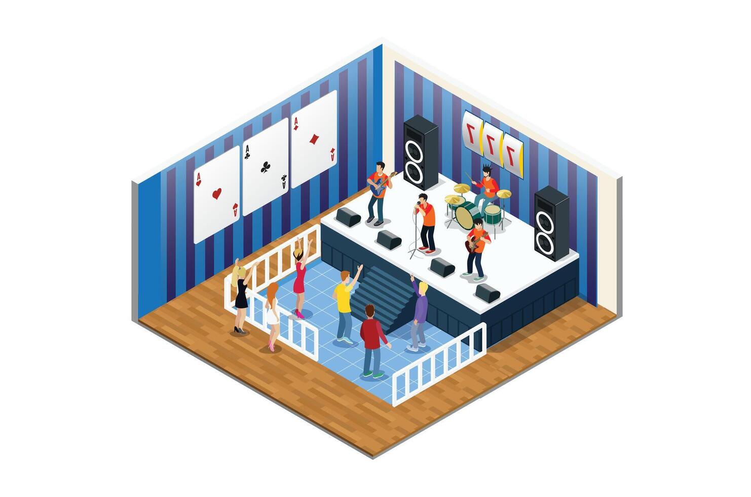 Isometric Music live, with indoor view of dancefloor stage and dancing people illustration vector