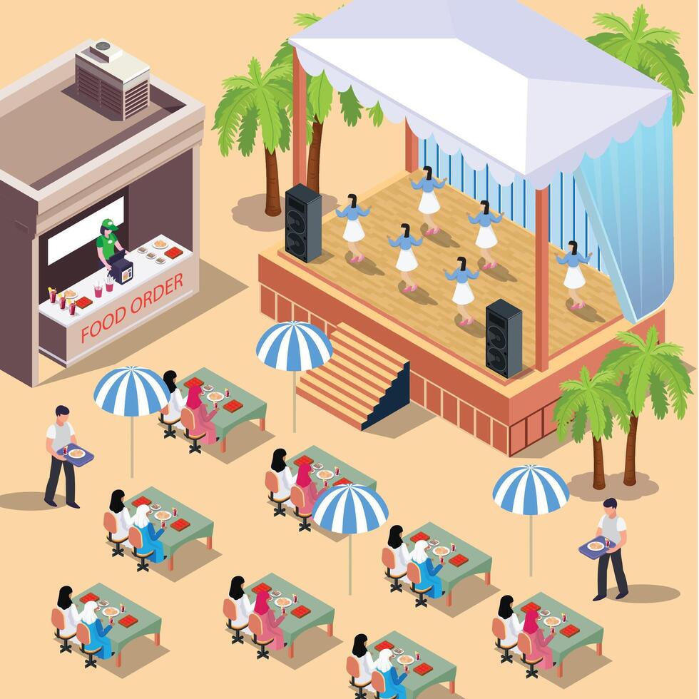 Isometric 3d concept illustration of enjoying a dance performance on a Music Event stage with dancing,people eating and happy people enjoying music vector