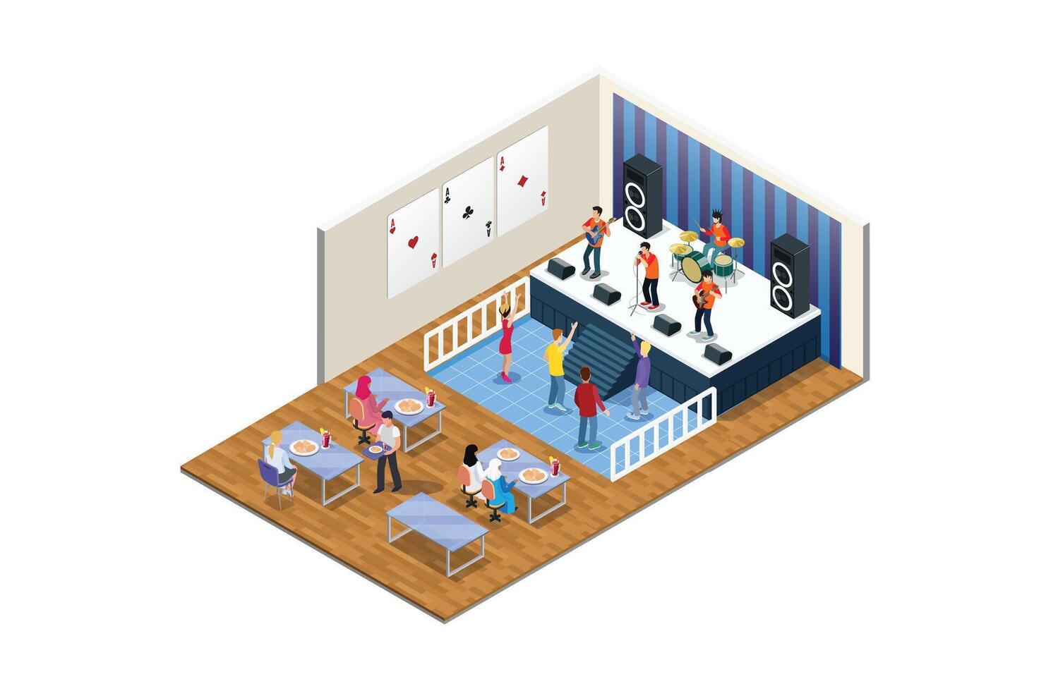 Isometric Music live, with indoor view of dancefloor stage and dancing people illustration vector