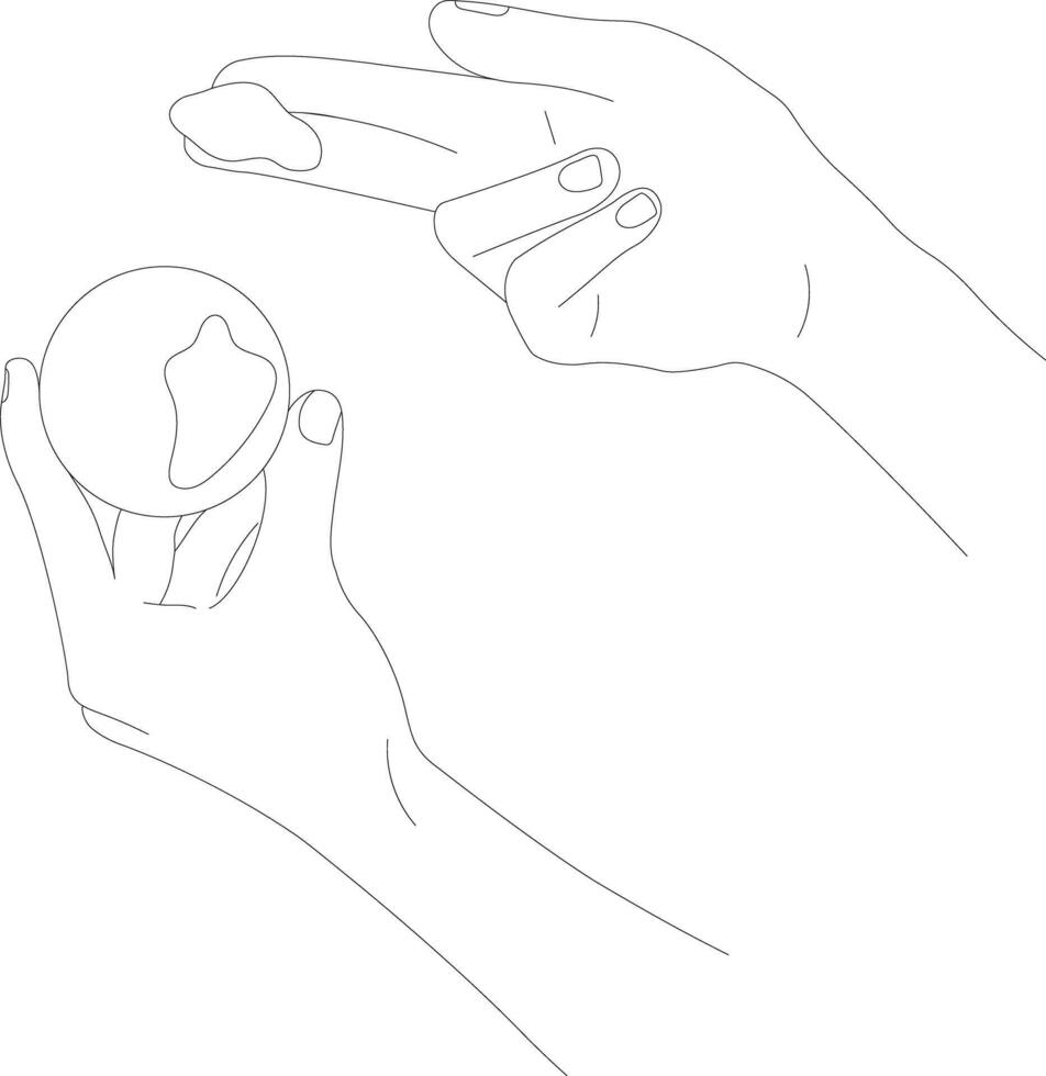 Line drawn hands on a white isolated background hold a jar of cream. The concept of face and body skin care. Spa care. Cream, serum, gel for hands, face, body. vector