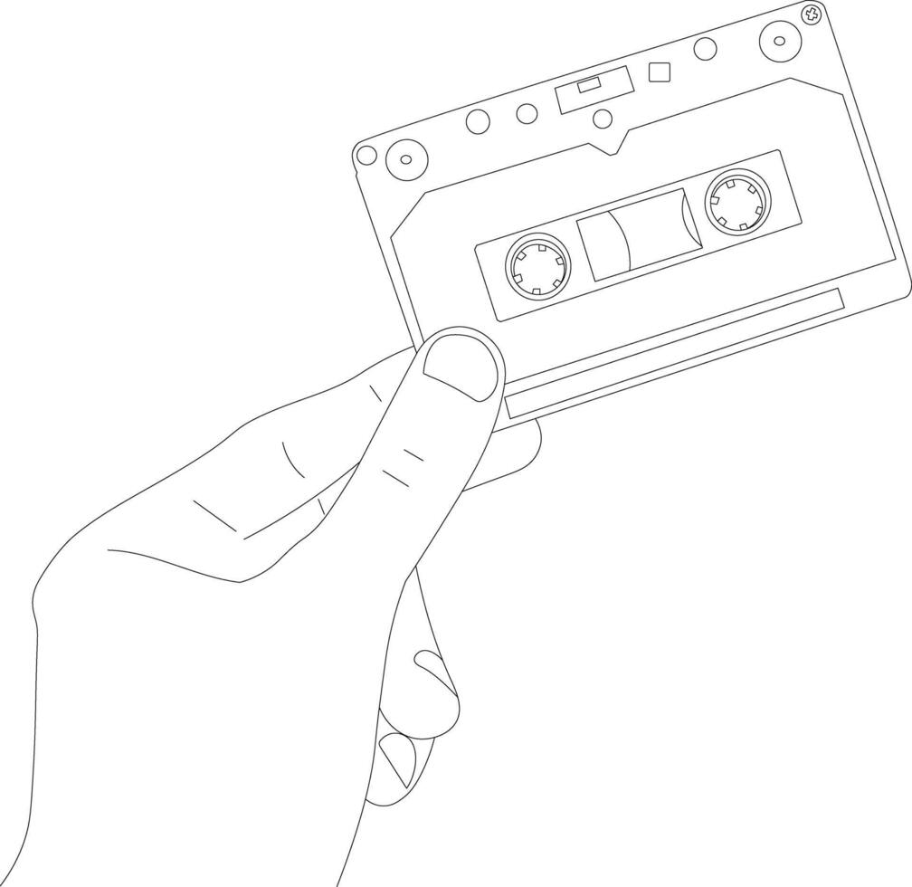 Single continuous line drawing left hand holding retro compact tape cassette. Vintage music icon audio cassette tape element in doodle style isolated on a white. Dynamic one line draw graphic design vector