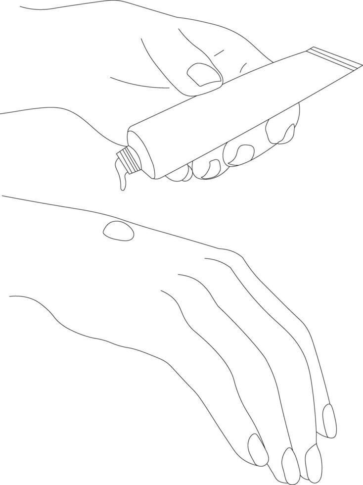 Female hands with jar of cream. Woman applying treatment lotion on cuticle. Hand drawn sketch illustration. Skin care, manicure and spa procedures design elements vector