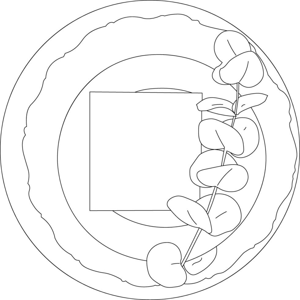 A square invitation sheet sits on several plates. Nearby is a sprig of eucalyptus. Line drawing. vector