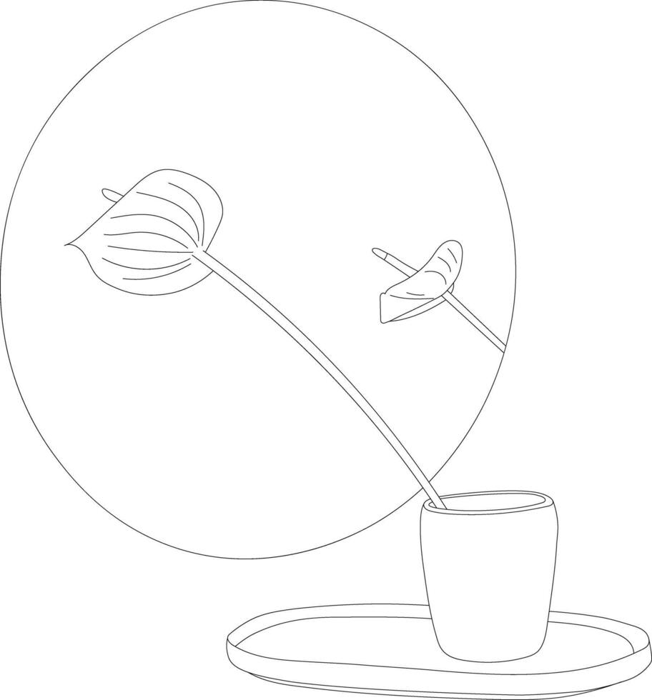 Drawn Anthurium flowers with decor and mirror in line art drawing style. Minimalist black line sketch on white background. illustration vector