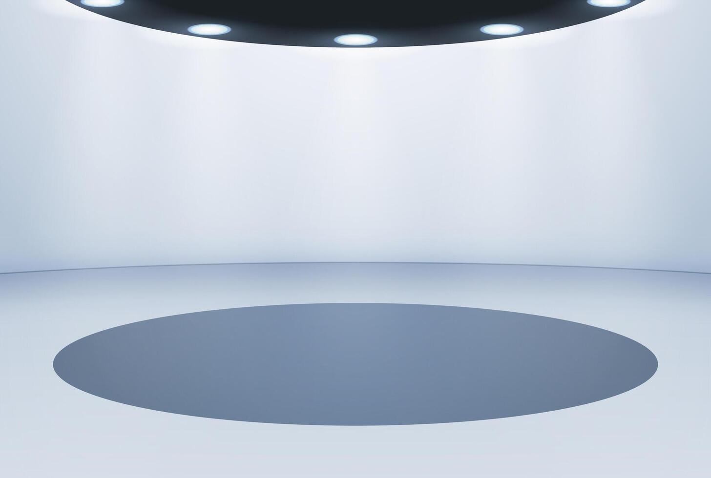 Empty exhibition space against a studio background in a modern simple minimalist design with a round illuminated pedestal or podium. vector