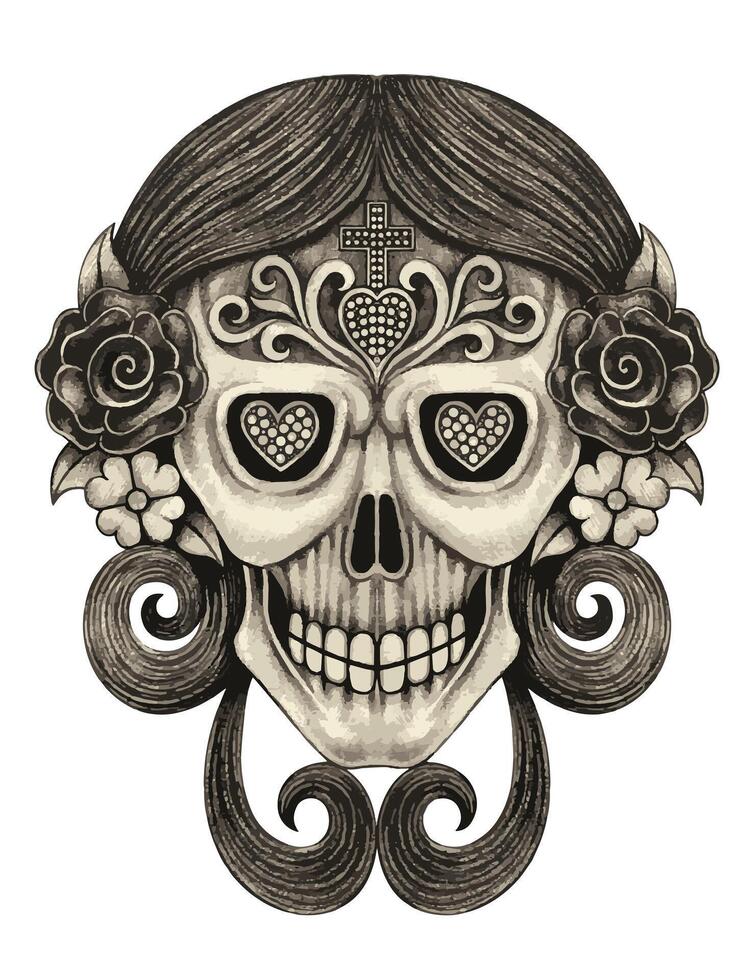 Sugar skull day of the dead design by hand drawing on paper. vector