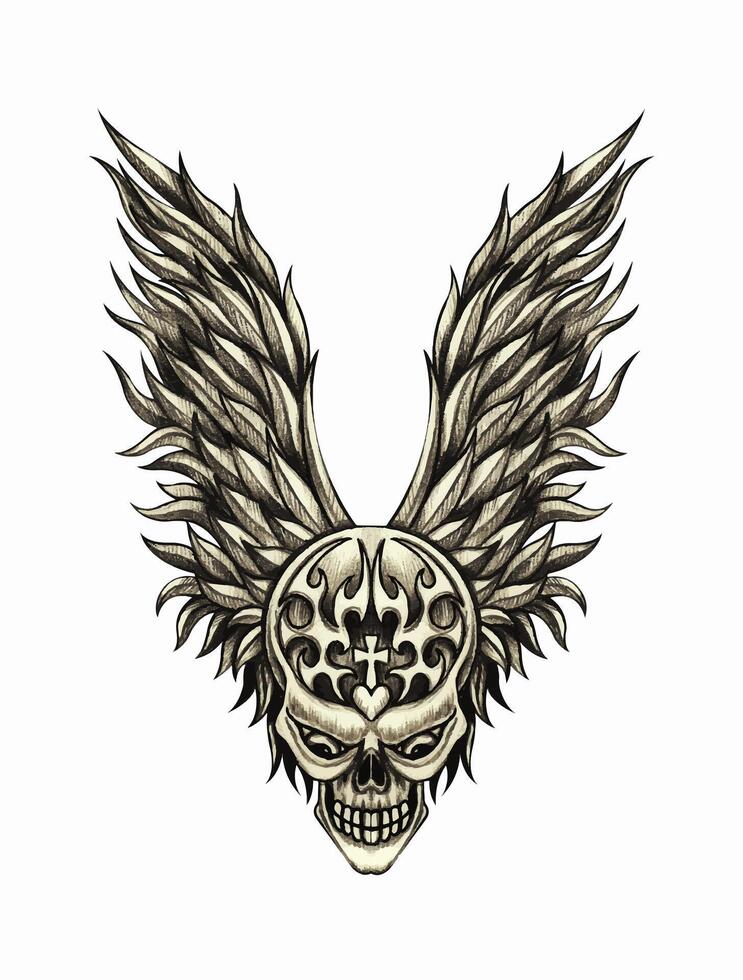 Skull tattoo wings angel design by hand drawing on paper. vector