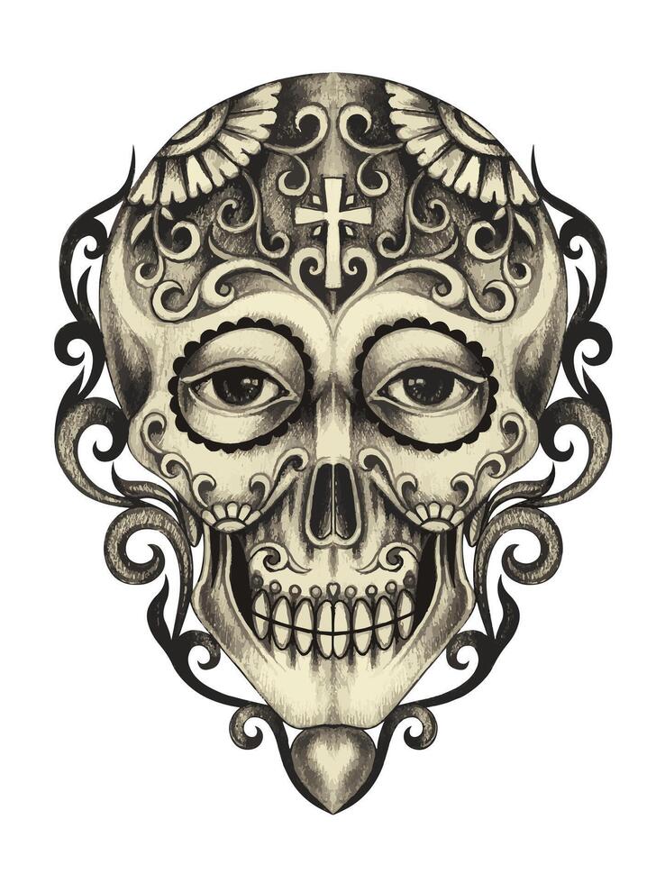 Sugar skull day of the dead design by hand drawing on paper. vector