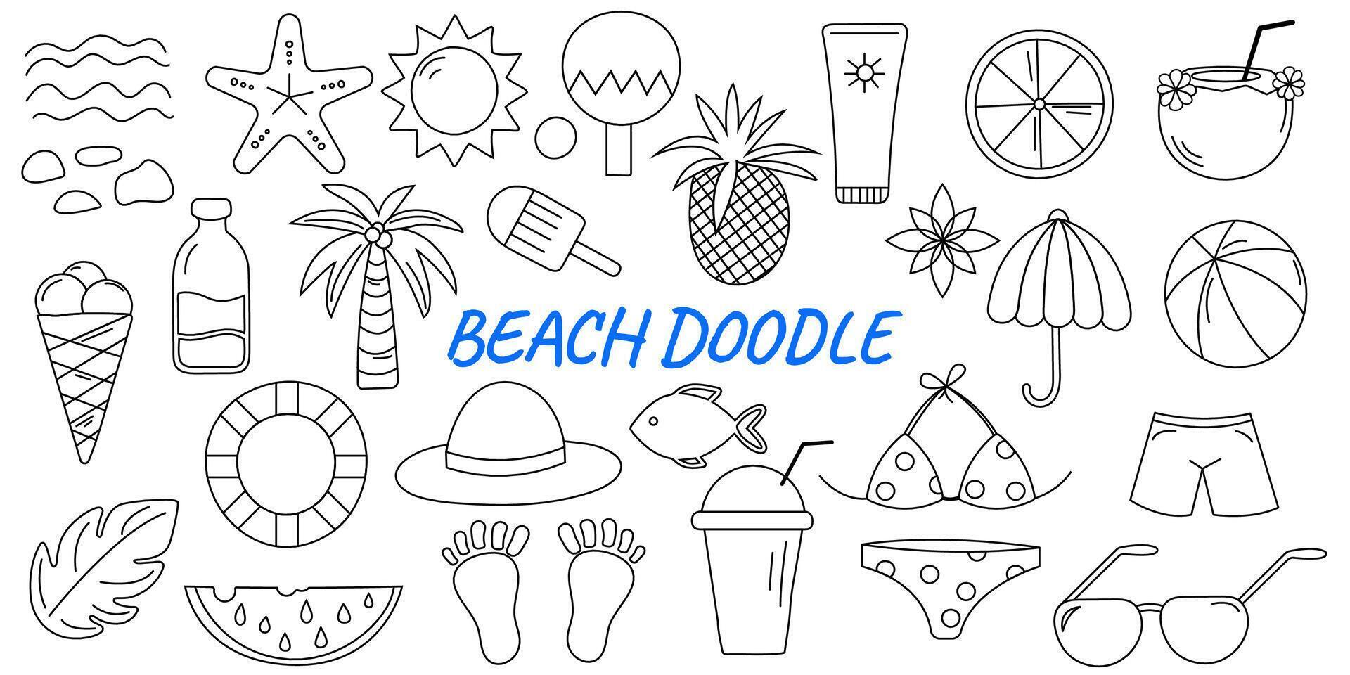summer collection of editable strokes, beach doodles vector