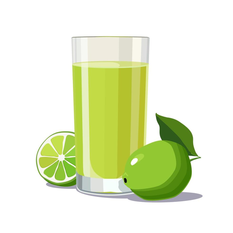 Full glass of green freshly and healthy squeezed lime juice isolated on white background. illustration in flat style with citrus drink. Summer clipart for card, banner, flyer, poster design vector