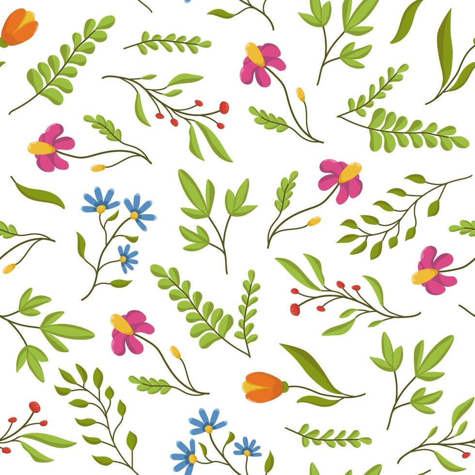 Seamless illustration of Spring Flowers and Leaves. Colored Spring wallpaper on a white background. vector