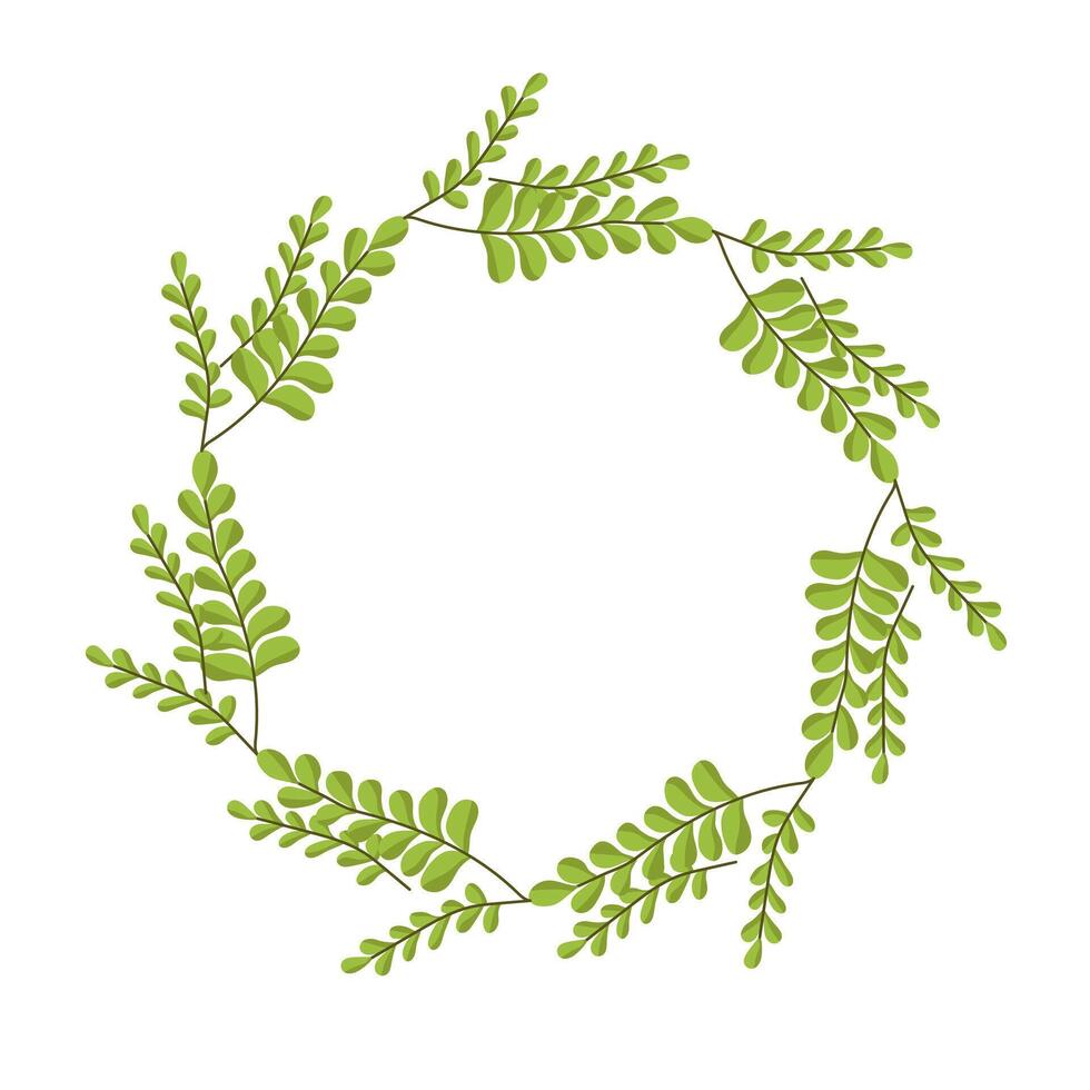 wreath of leaves with branches. Decorative frame. Template for a postcard. Green circle of leaves. Spring and summer holiday invitation concept. vector