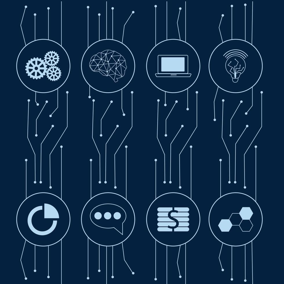 Artificial intelligence illustration. Modern cyberbrain concept. Machine learning and neural network. Artificial intelligence infographic banner. AI card with icons. vector