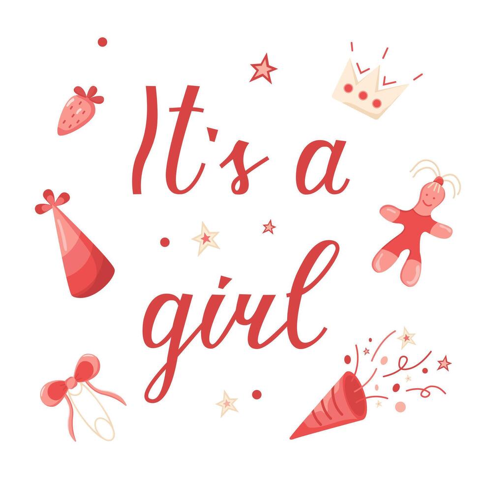 invitation card template for baby gender reveal party. Hand-drawn greeting card for the birth of a Girl. Color illustration with firecrackers, doll and bows on a white background. vector