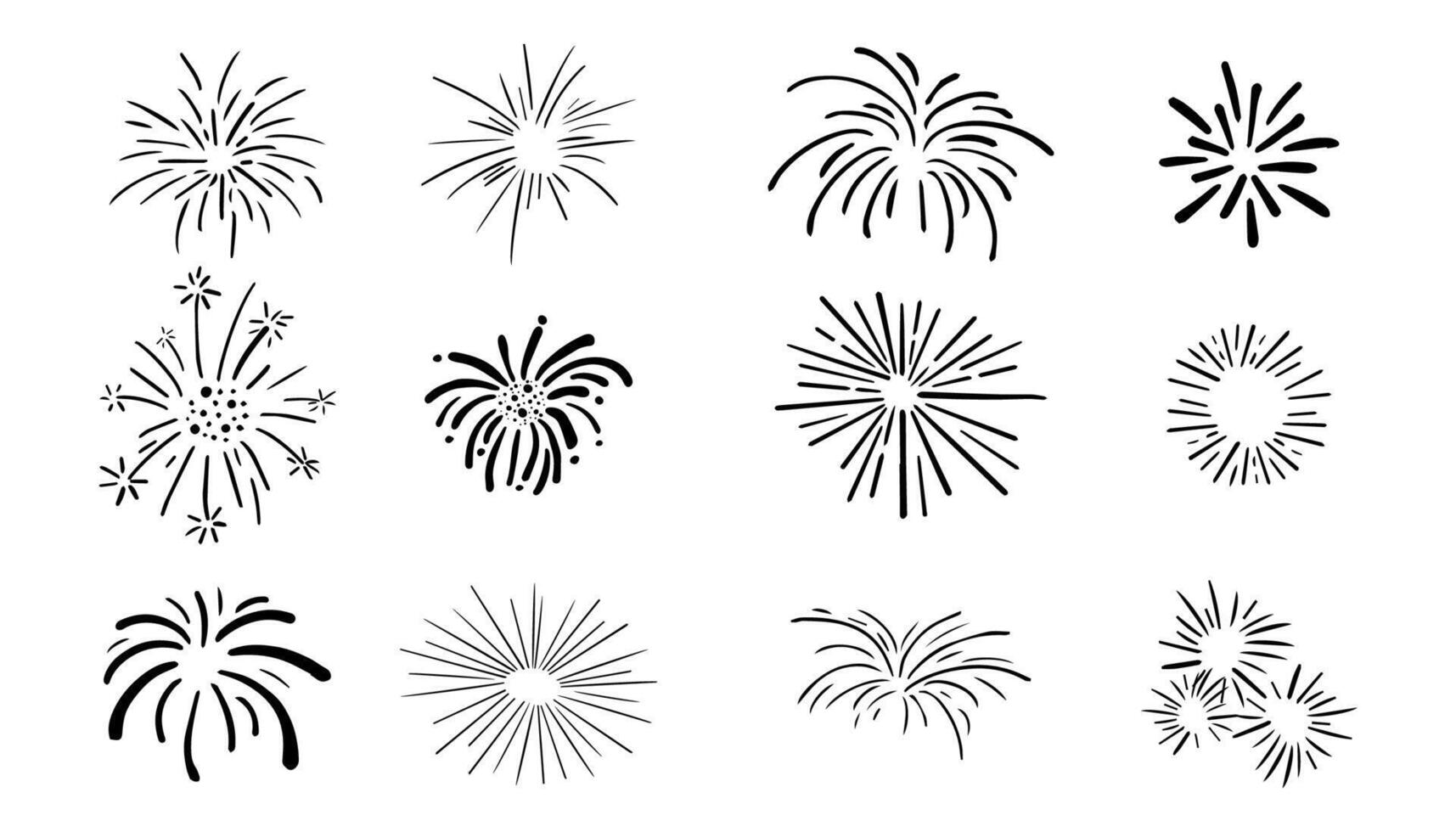 Set fireworks doodle line explosion radial sparkler with rays, hand drawn firecrackers simple and round decoration isolated on white background. vector