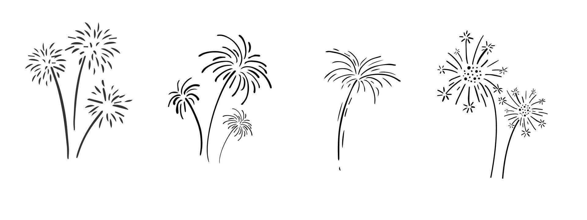 Set fireworks doodle line explosion radial sparkler with rays, hand drawn firecrackers simple and round decoration isolated on white background. vector
