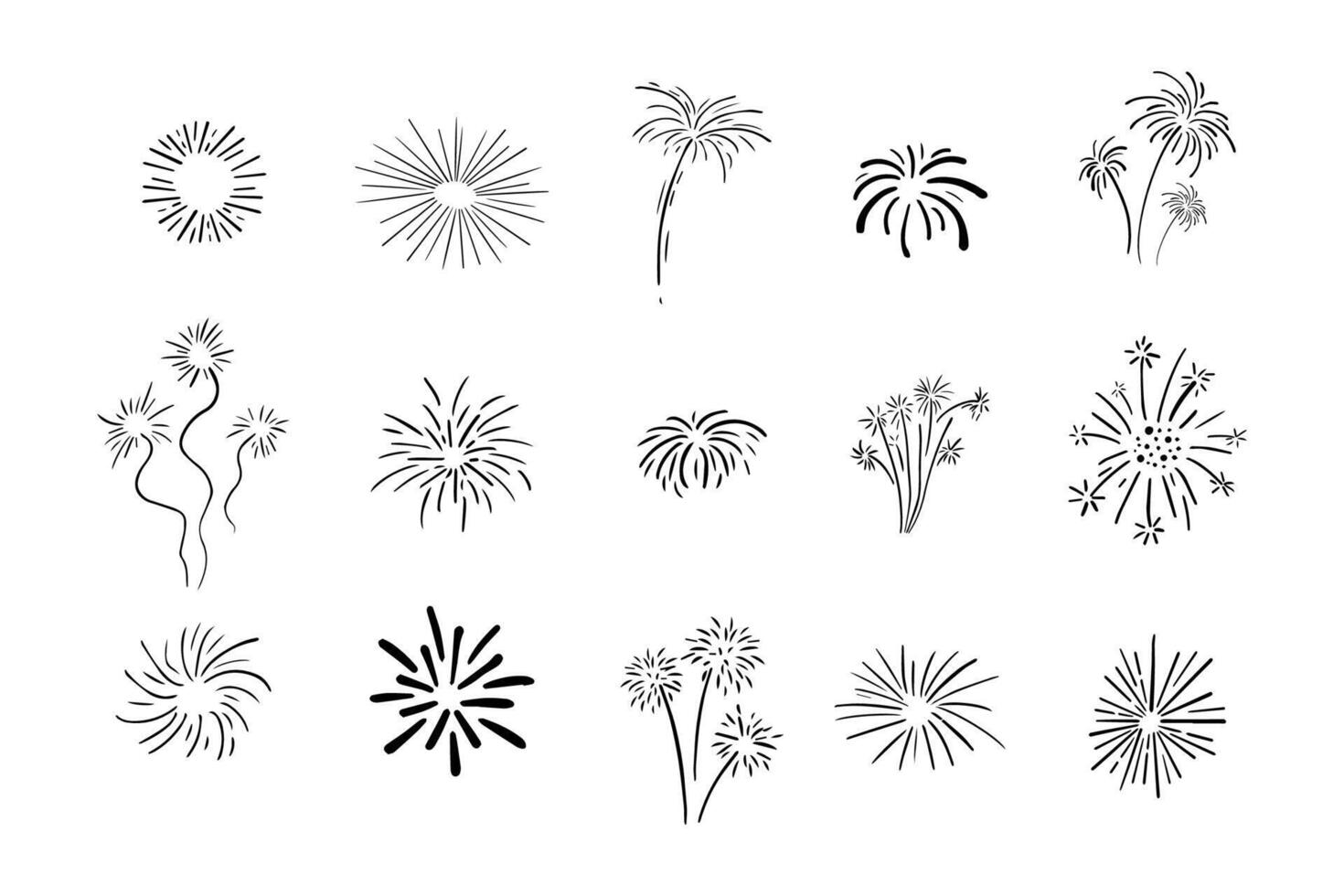 Set fireworks doodle line explosion radial sparkler with rays, hand drawn firecrackers simple and round decoration isolated on white background. vector