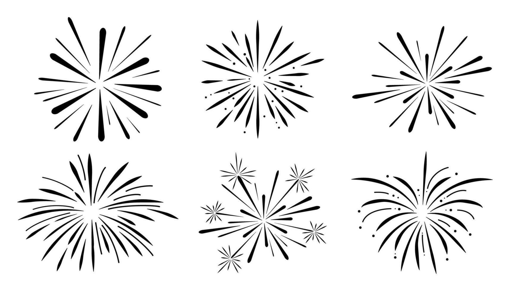 Set fireworks doodle line explosion radial sparkler with rays, hand drawn firecrackers simple and round decoration isolated on white background. vector