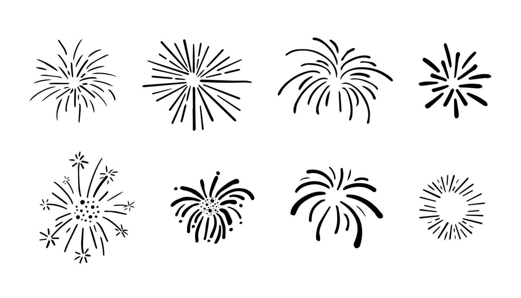 Set fireworks doodle line explosion radial sparkler with rays, hand drawn firecrackers simple and round decoration isolated on white background. vector