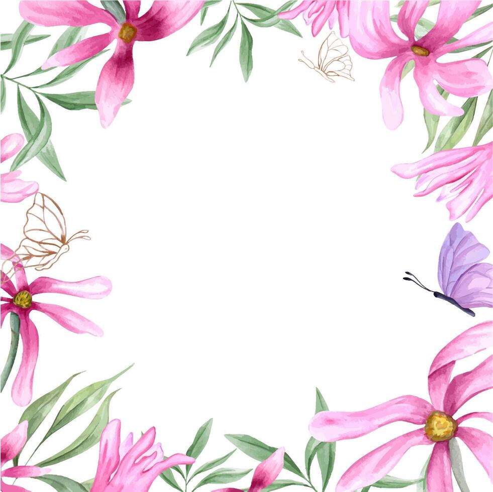 Pink magnolia, green leaves and fluttering butterflies. Spring flowers. Square romantic frame with copy space for text. Watercolor illustration. For postcards, invitation, greeting vector