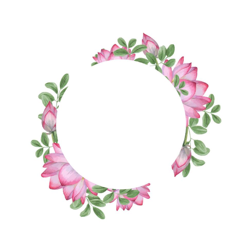 Pink white lotus, Butterfly pea leaves. Round frame with Water Lily, wisteria leaves. Indian lotus, sacred lotus. Watercolor illustration for greetings, invitations. Copy space for text. vector