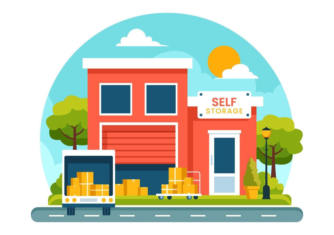 Self Storage Illustration featuring Cardboard Boxes Filled with Unused Items in a Mini Warehouse or Rental Garage in a Flat Cartoon Background vector