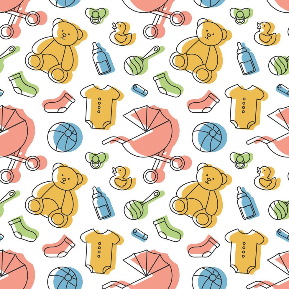 Baby Seamless Pattern Design, A Set of Simple Decorative Elements in a Hand Drawn on Style Cartoon Flat Illustration Template vector