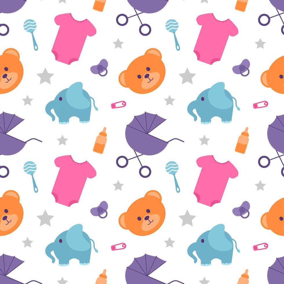 Baby Seamless Pattern Design, A Set of Simple Decorative Elements in a Hand Drawn on Style Cartoon Flat Illustration Template vector