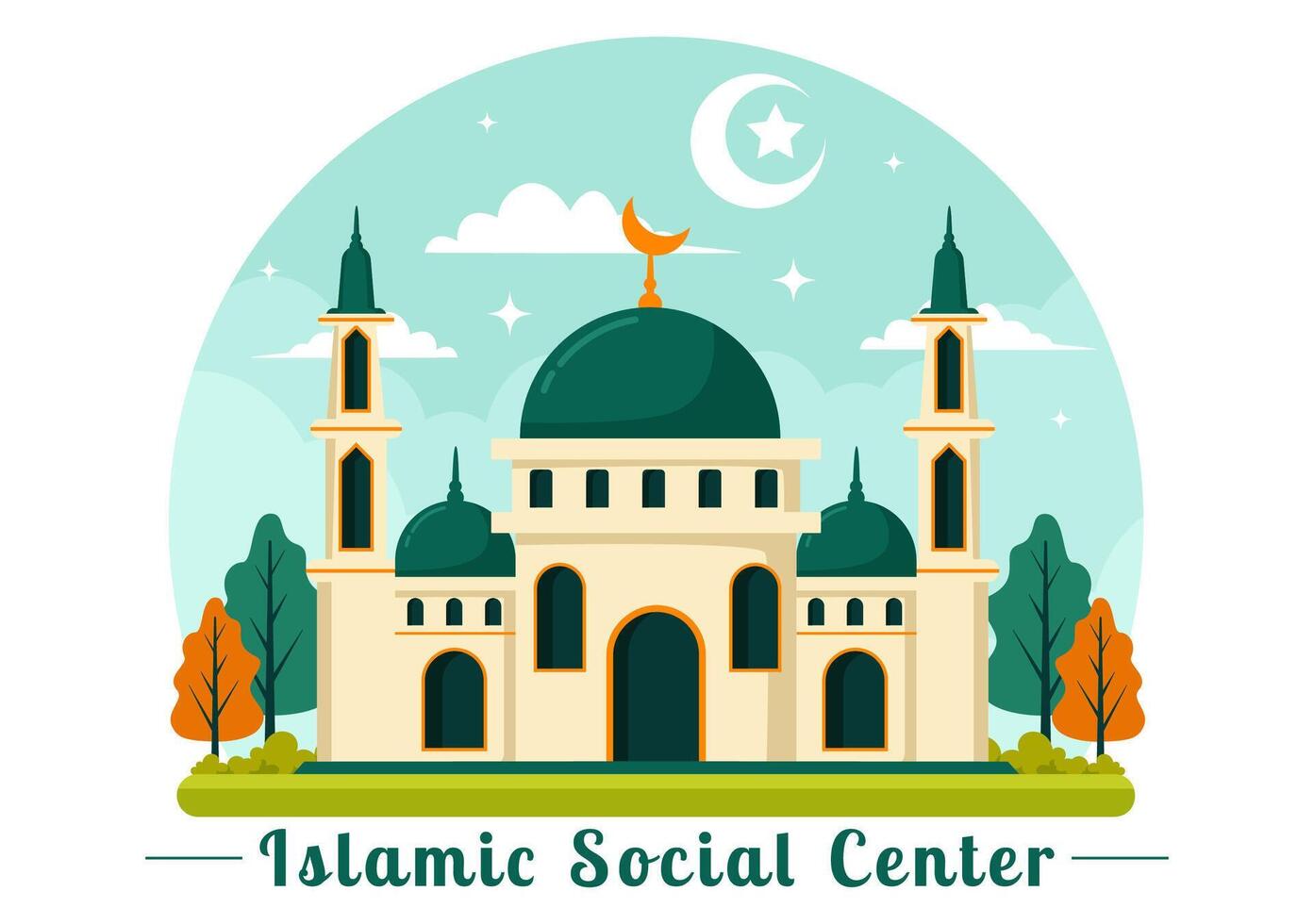 Islamic Social Center Illustration Featuring Mosques, Educational Institutions for Islamic Studies and Development in flat Cartoon Background vector