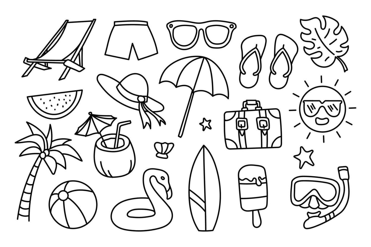 Beach and summer themed hand drawn collection including beach ball, sunglasses and suitcase. vector
