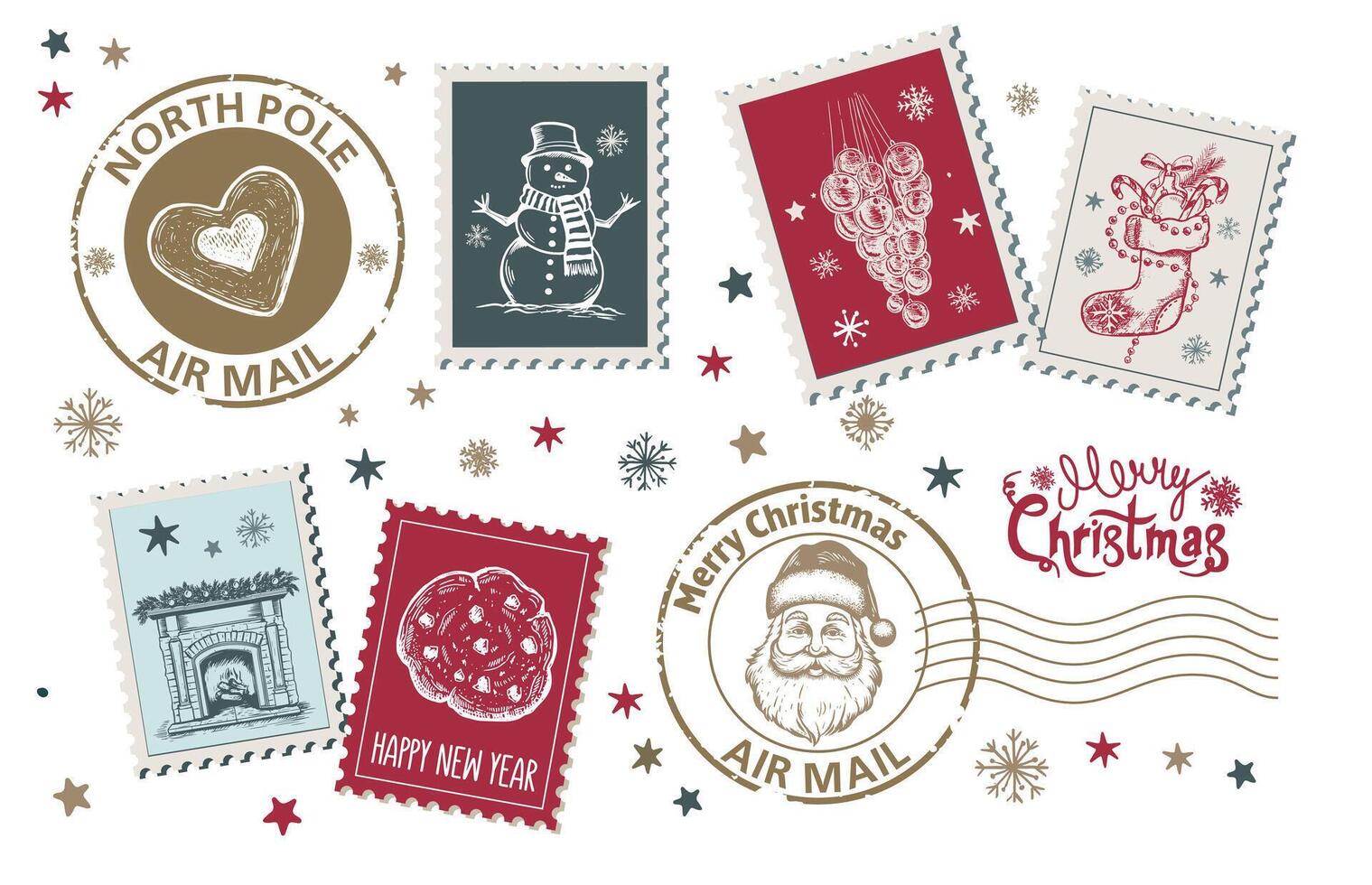 Christmas Stamps hand drawn set. . vector