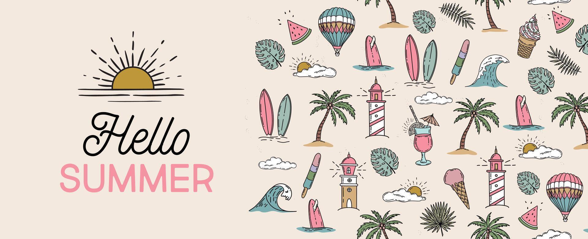 Summer icon set, hand drawn illustration. vector