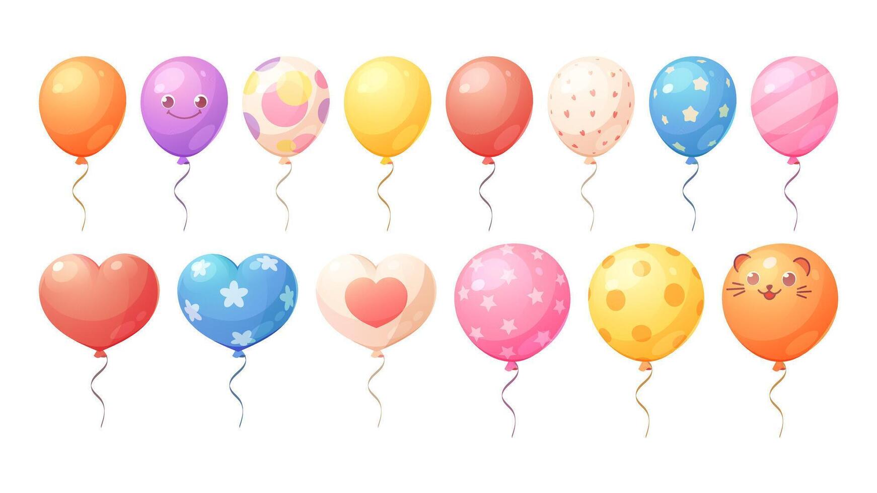 Set of colorful balloons with different patterns. Round balloons, heart shaped balloons. cartoon elements for design of holidays, birthday party vector