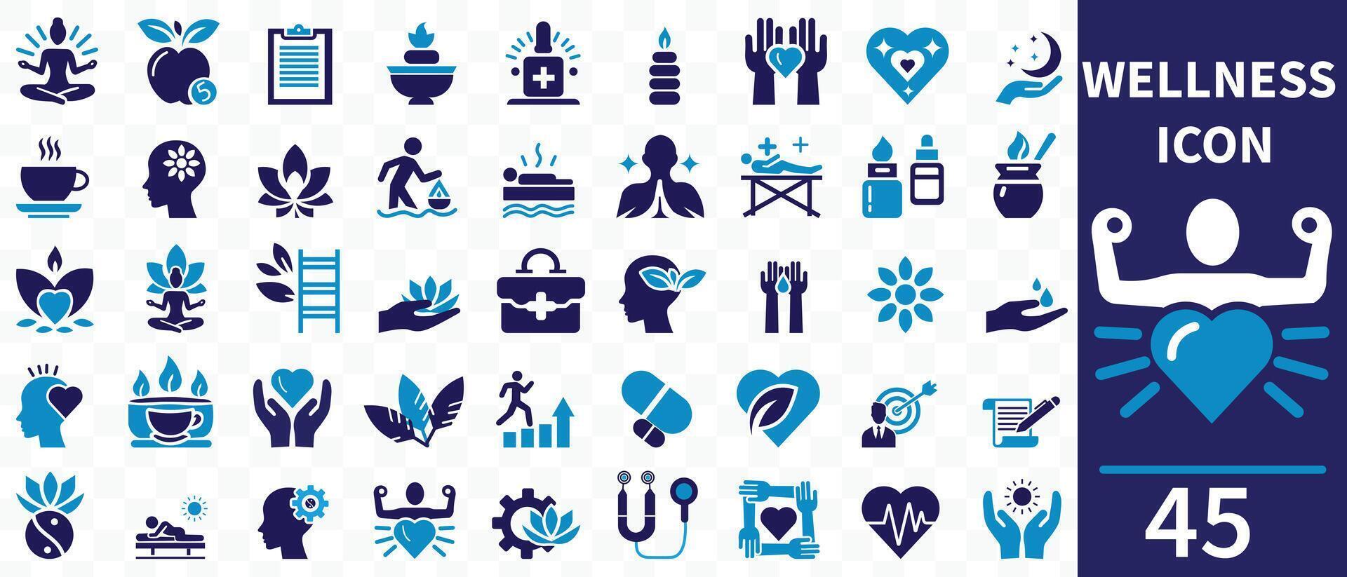 Wellness icon set. Containing massage, yoga, spa, relaxation, health, exercise, diet, wellbeing, meditation, aromatherapy and more. Solid icon collection. vector