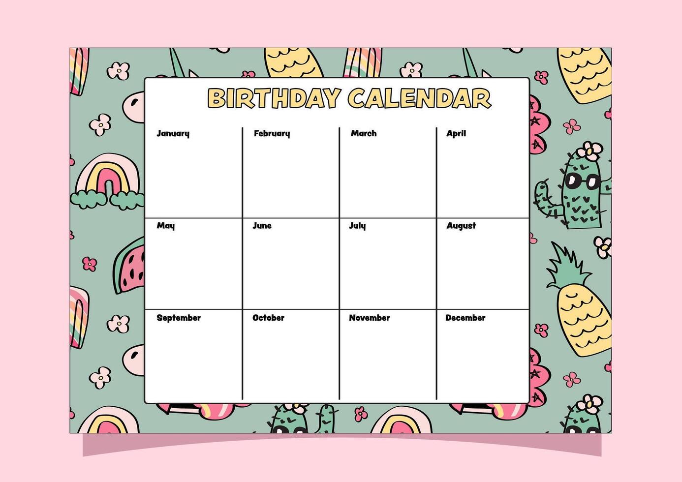 Boho-styled kids' birthday calendar with a cute summer pattern in the background. vector