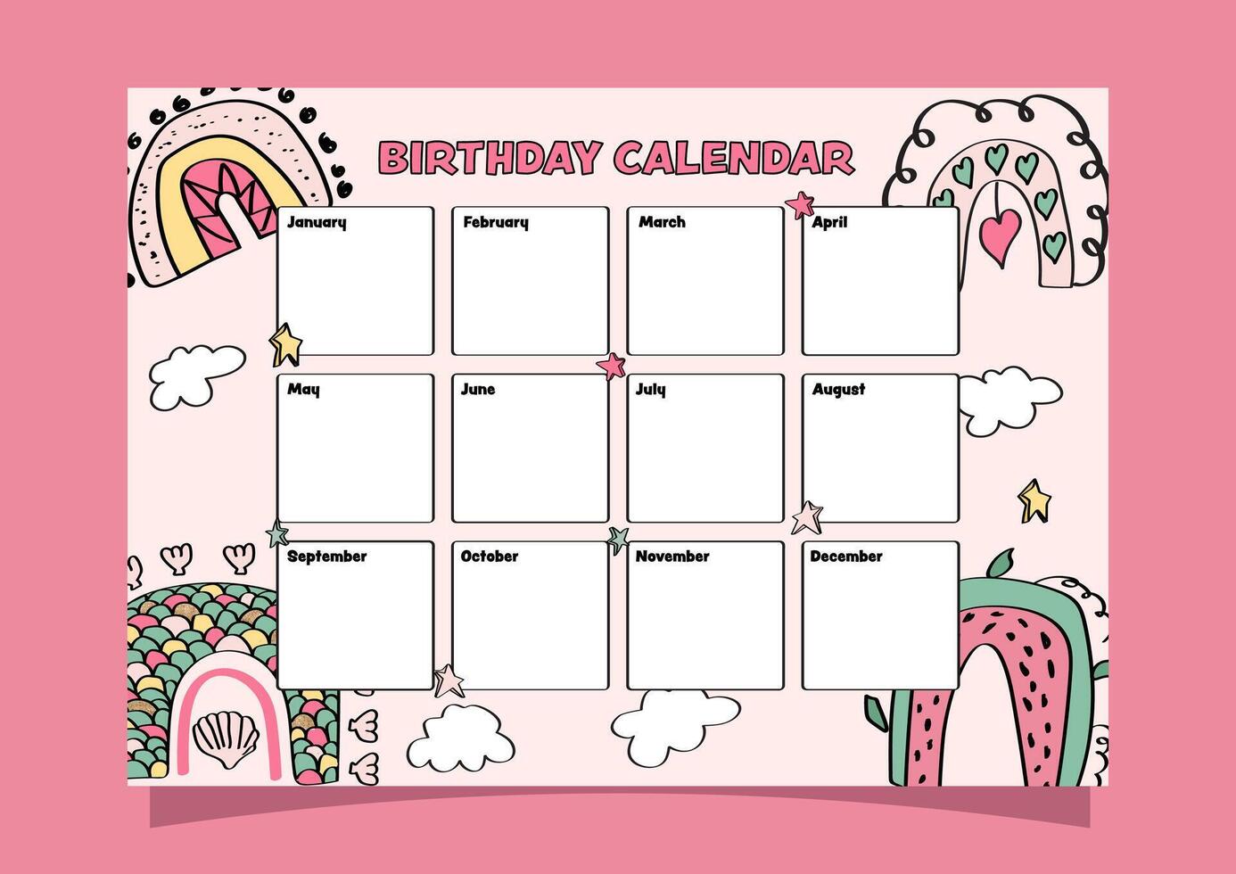 Boho-styled kids' birthday calendar with boho rainbows in the background. vector